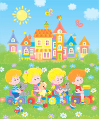 Obraz na płótnie Canvas Small children playing on a toy train on a playground in a park of a town, vector illustration in a cartoon style