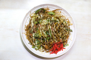Yakisoba-a Japanese dish of fried noodles, vegetables
