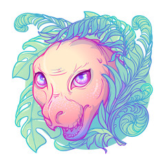 Baby Tirannosaurus rex head in a tropical lush. Cute animal drawing. EPS10 vector illustration