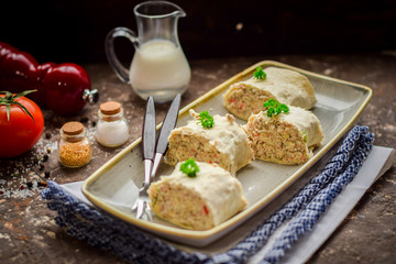  Lavash roll with crab sticks, fresh cucumbers and greens.