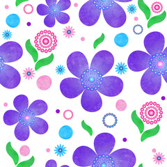 Seamless spring pattern with violet flowers and multicolored polka dots
