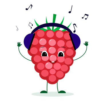 Cute ripe raspberry berry character in cartoon style listening to music with headphones. Logo, template, design. illustration, flat style