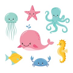 Schattige baby zeevissen. Vector cartoon onderwater dieren collectie. Kwallen en zeesterren, oceaan en zeeleven illustratie