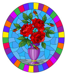 Illustration in stained glass style with floral still life,  bouquet of red  roses in a purple vase on a blue  background,oval image in bright frame