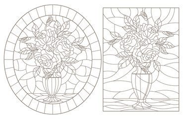 A set of contour illustrations of stained glass still lifes, bouquets of roses in vases, dark contours on a white background