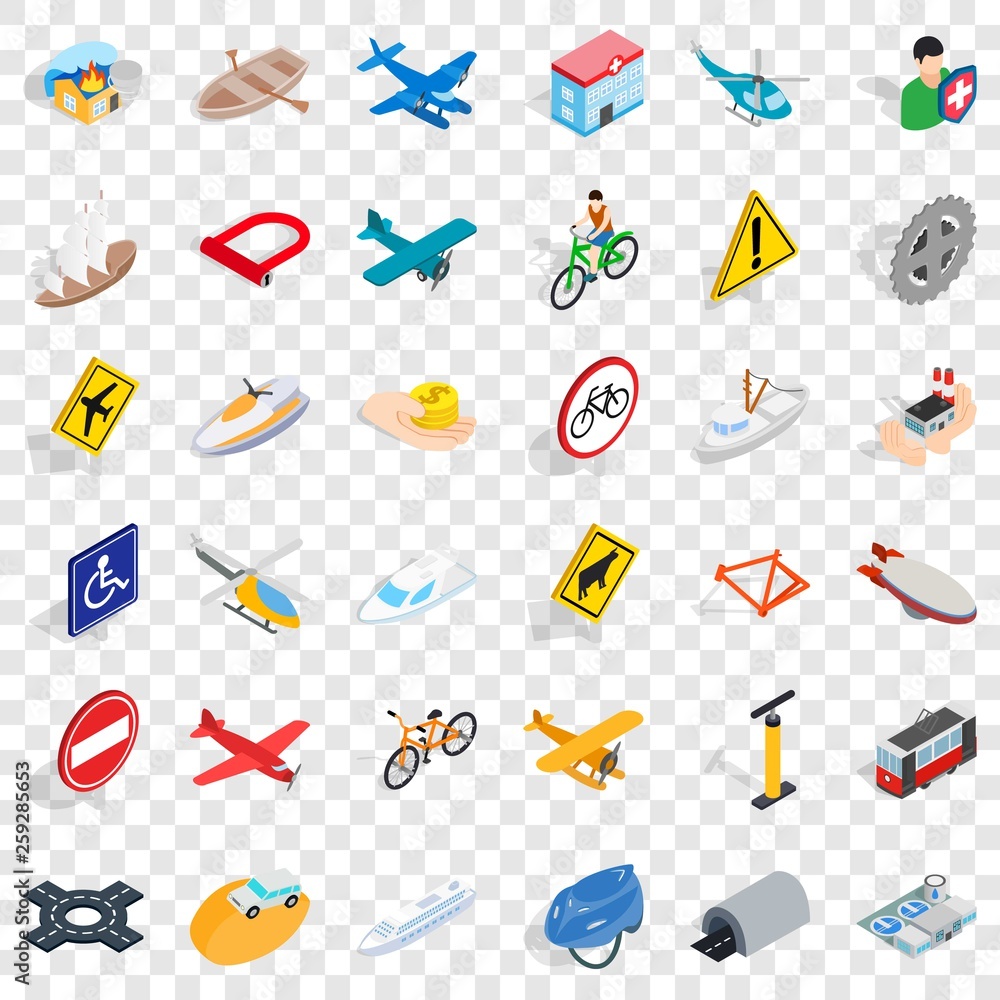 Poster different transport icons set. isometric style of 36 different transport vector icons for web for an