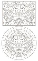 A set of contour illustrations of stained glass Windows with Hummingbird birds, heart flowers, dark contours on a white background