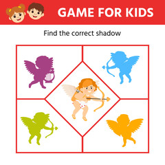 Education logic game for preschool kids. Kids activity sheet. Cupid. Find the correct shadow. Children funny riddle entertainment. Vector illustration
