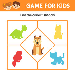 Education logic game for preschool kids. Kids activity sheet. Dog. Find the correct shadow. Children funny riddle entertainment. Vector illustration