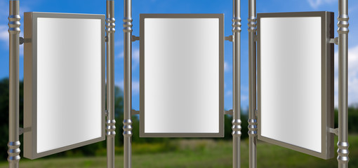 3D rendering of blank billboard (empty advertisement) with city background. Empty mockup template