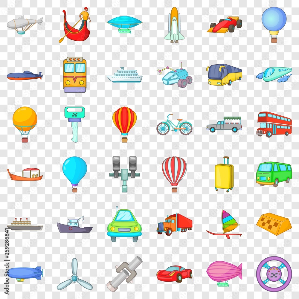 Poster transport with driver icons set. catoon style of 36 transport with driver vector icons for web for a