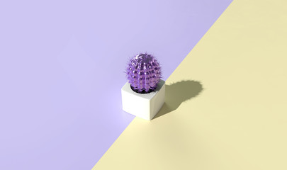 Summer Mood. Contemporary Minimal Art in Trendy Vaporwave Style. Violet Metallic Cactus. Duotone Pastel Color Palette. Surreal Creative Design in Pop Art Style with Copy Space. Top View. 3D Render.