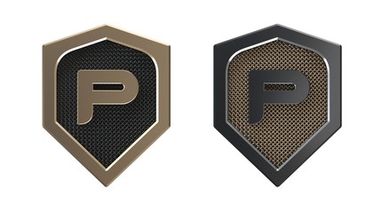 Letter P, metal shield logo with grid.