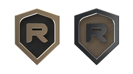 Letter R, metal shield logo with grid.