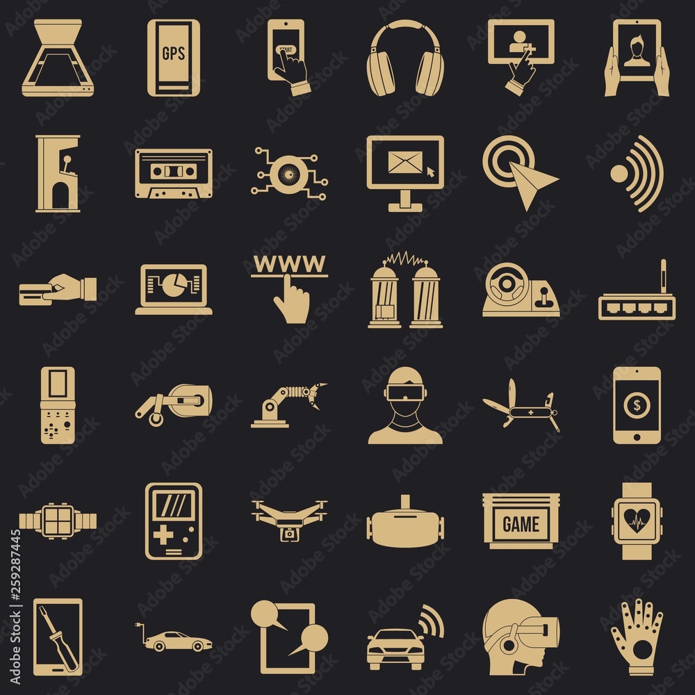 Poster game adjustment icons set. simple style of 36 game adjustment vector icons for web for any design