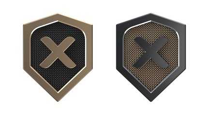 Letter X, metal shield logo with grid.