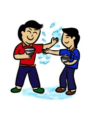 Two man splash water in songkran day - kid drawing
