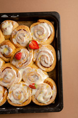 Sweet roll buns with cheese cream, food above