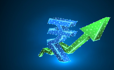 Growth green arrow, India Rupee currency sign, digital neon 3d illustration. Polygonal Raster business, success, data cash, finance concept. Low poly wireframe, triangle, lines, dots. Blue background