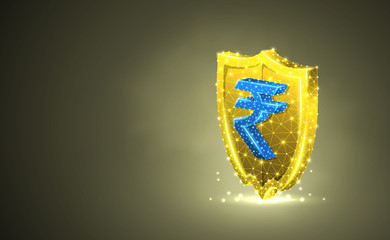 Golden security shield with Indian Rupee currency sign, abstract colorful 3d illustration. Polygonal Raster business concept of safety, money protection. Low poly wireframe, triangles, lines, dots