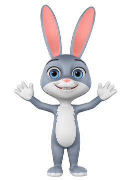 Easter bunny cartoon character with raised hands up. Greetings. 3d rendering. Illustration for advertising.