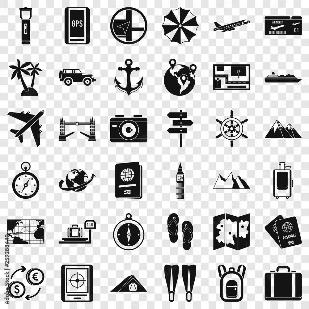 Poster good travel icons set. simple style of 36 good travel vector icons for web for any design