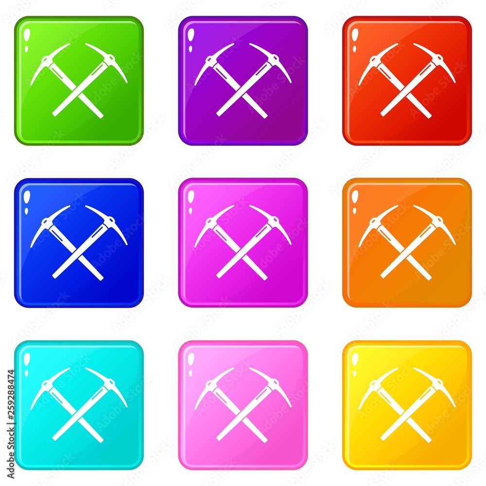 Poster mining pickaxe icons set 9 color collection isolated on white for any design