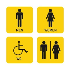 Toilet icon, Man, woman, disabled person, four patterns on yellow background