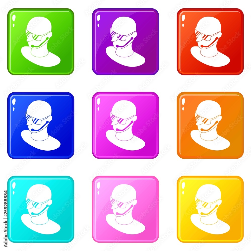 Poster security man icons set 9 color collection isolated on white for any design
