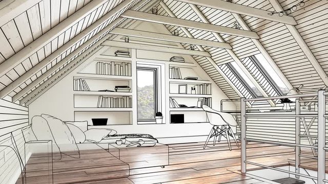 Apartment construction in the attic - 3d visualization (loopable)