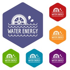 Water energy icons vector colorful hexahedron set collection isolated on white 