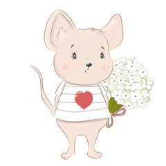 Cute white mouse. Mouse, rat on a white background, cartoon. For printing on clothes, postcards.Cartoon. Vector.