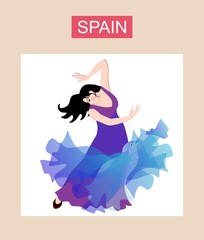 Decorative card with beautiful spanish girl in long lilac dress dancing flamenco.