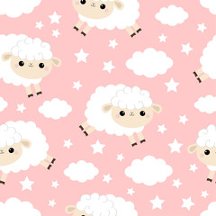Seamless Pattern. Cloud star in the sky. Jumping sheep. Cute cartoon kawaii funny smiling baby character. Wrapping paper, textile print. Nursery decoration. Pink background. Flat design.