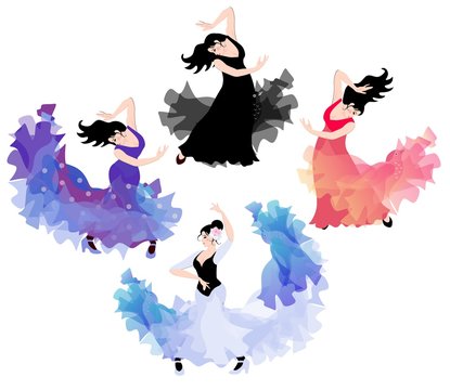 Flamenco. The four elements: earth, fire, air and water. Dancing spanish girls isolated on white background.