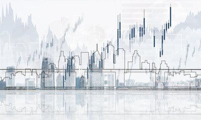 Concept of global communication and networking with world map over cityscape
