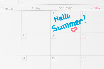 Inscription hello summer in the calendar, close up