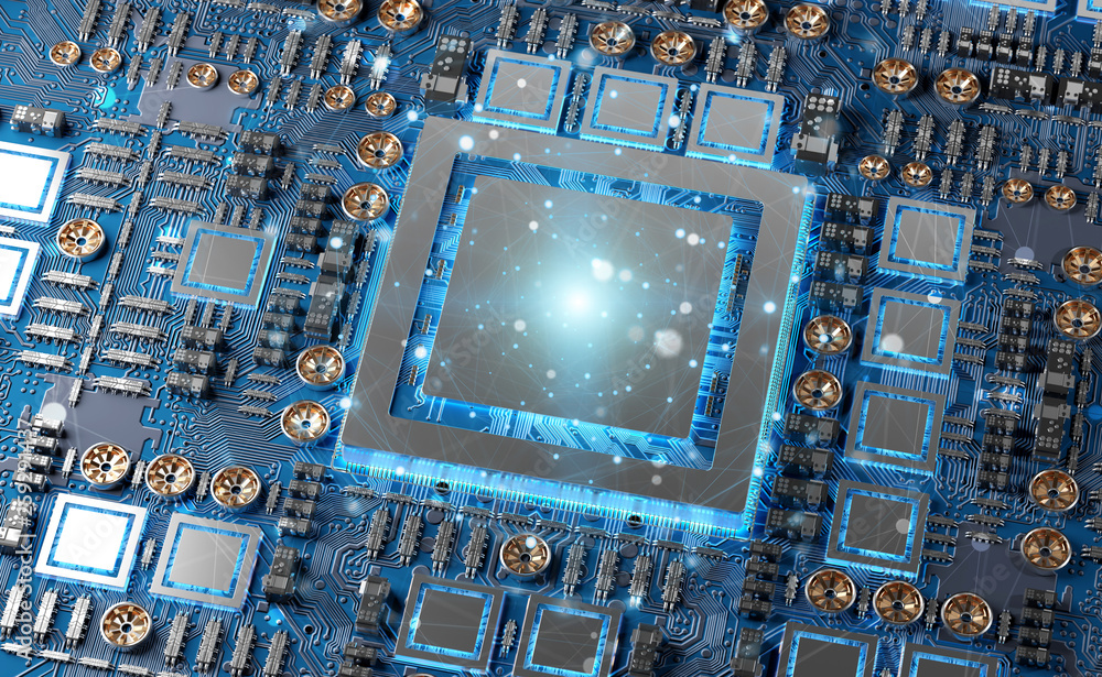 Aufkleber Close-up view of a modern GPU card with connections 3D rendering
