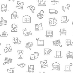 Cargo delivery, seamless pattern, white, monochrome, contour lines, icons, vector. Cargo transportation and delivery of goods. Gray line icons on white background. Vector flat seamless pattern. 