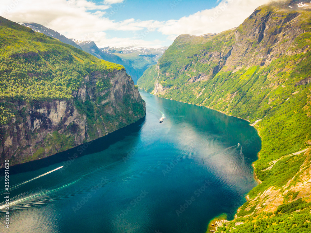 Wall mural fjord geirangerfjord with ferry boat, norway.