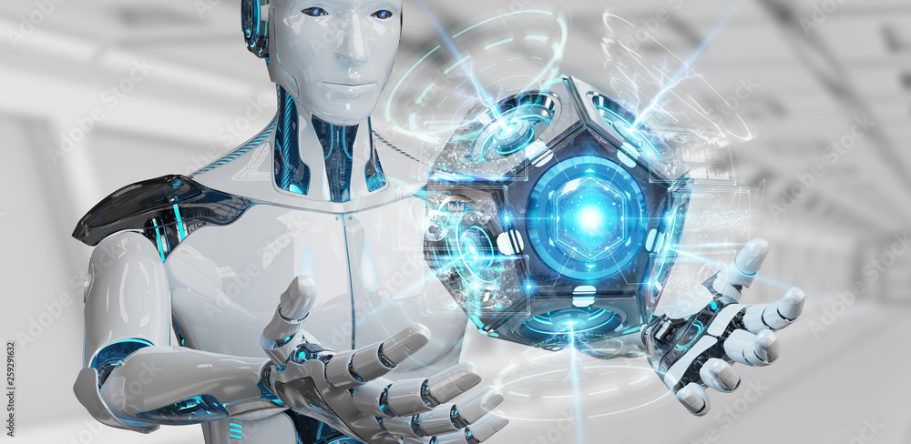 Aufkleber white man humanoid using drone security camera 3d rendering
