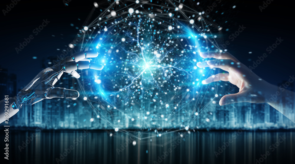 Aufkleber robot hand and human hand touching digital sphere network on dark background 3d rendering