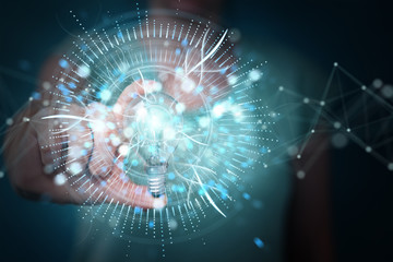 Businesswoman holding a lighbulb with connections in her hand 3D rendering