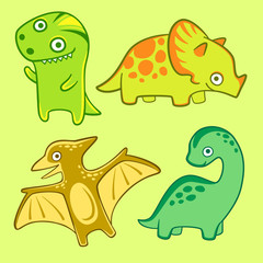 Cute dino set, flat vector illustration. Isolated dinosaur for nursery. Tyrannosaur pterodactyl triceratops diplodocus