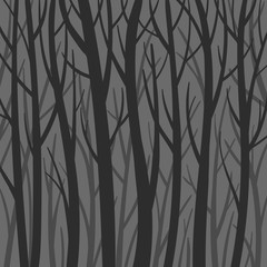 Dark mystical background forest vector flat illustration. Trees silhouette. Creepy forest