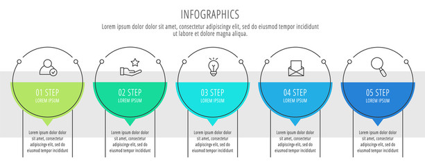 Modern vector flat illustration. Infographic circles template with five elements, shapes, icons. Timeline designed for business, presentations, web design, interface, education, diagrams with 5 steps