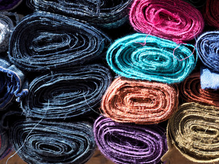 Colorful  fabrics row . Colorful fabrics stack.