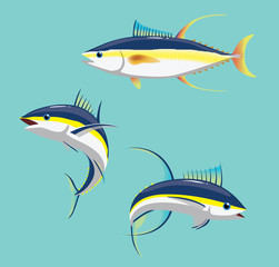 Yellowfin Tuna Various Poses Cartoon Vector