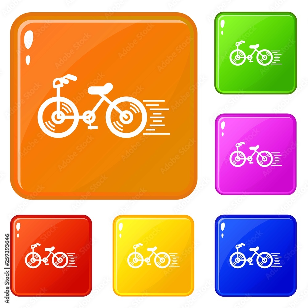 Poster running bicycle icons set collection vector 6 color isolated on white background