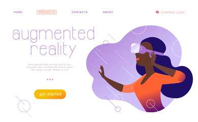 Vector landing page design template for new vr technology - woman in vr goggle headset / helmet / glasses in abstract augmented virtual reality. Flat style. Concept for web page banner, mobile app, UI